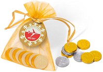 Organza Bag of Gold & Silver Coins with a Christmas Label