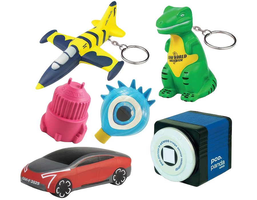 Six squishy stress toys in six custom shapes