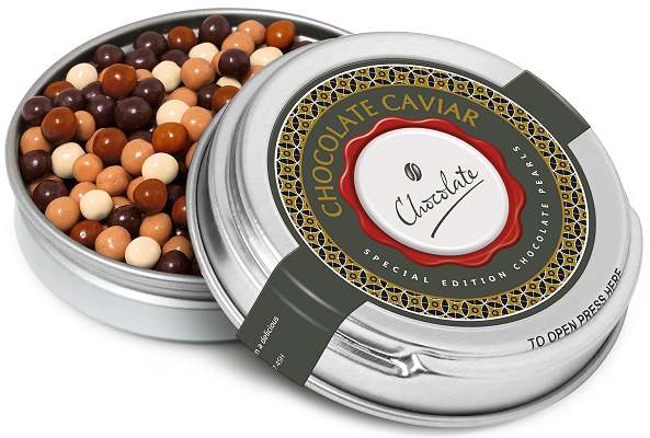 Chocolate Pearls in a Silver Caviar Tin