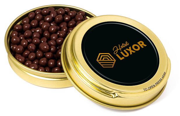 Branded Dark Chocolate Pearls Gold Caviar Tin
