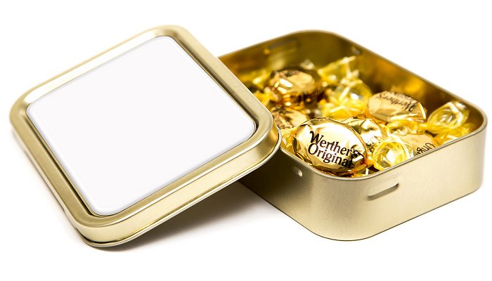 Logo Branded Werther's Original Gold Sweet Tin with a blank tin lid before we print your logo 