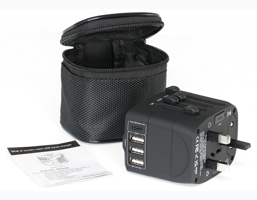 Travel adapter with soft case and instruction leaflet