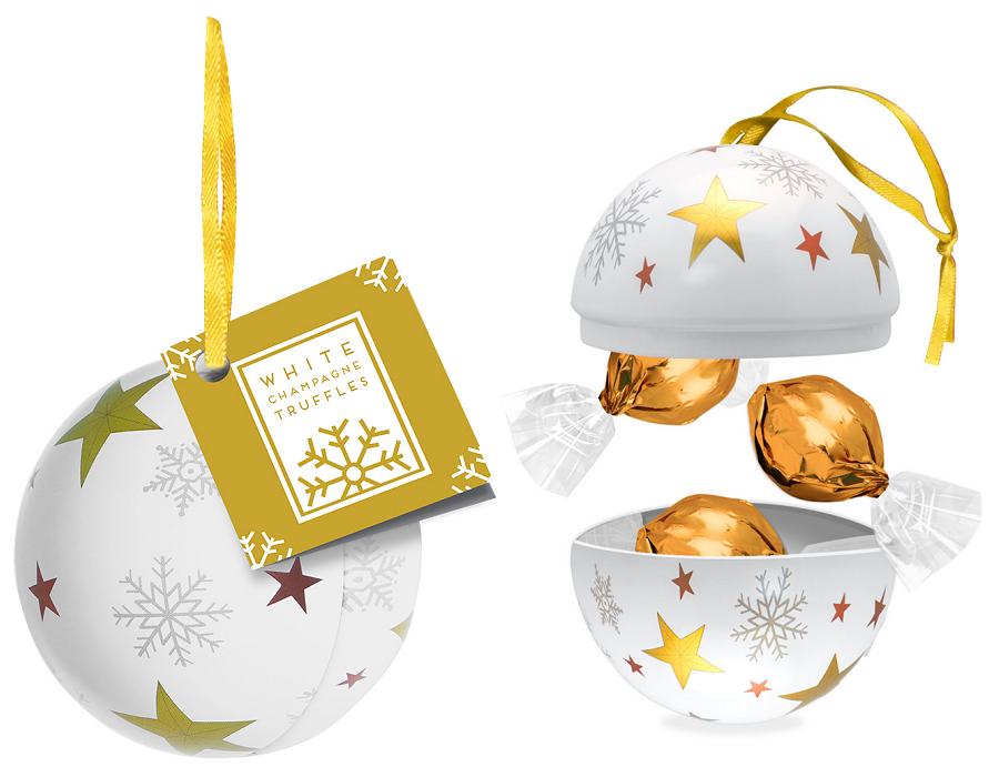 Promotional Christmas Bauble with Champagne Chocolate Truffles and Printed Tag