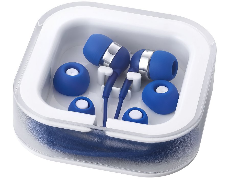 blue coloured earbuds