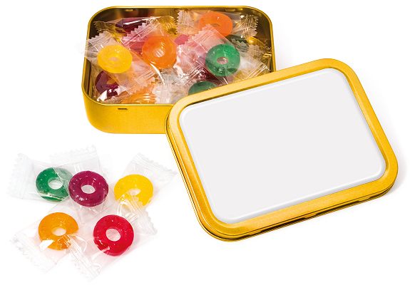 Custom Sweets Polo Fruits Gold Sweet Tin with a blank tin lid before we print your logo 
