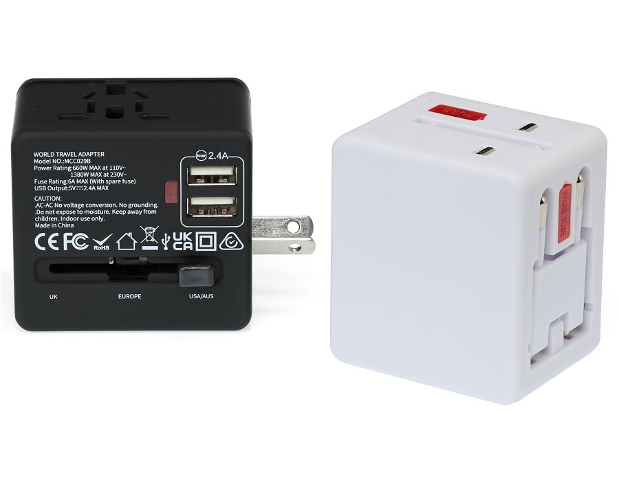 Black and white travel adaptors showing branding side