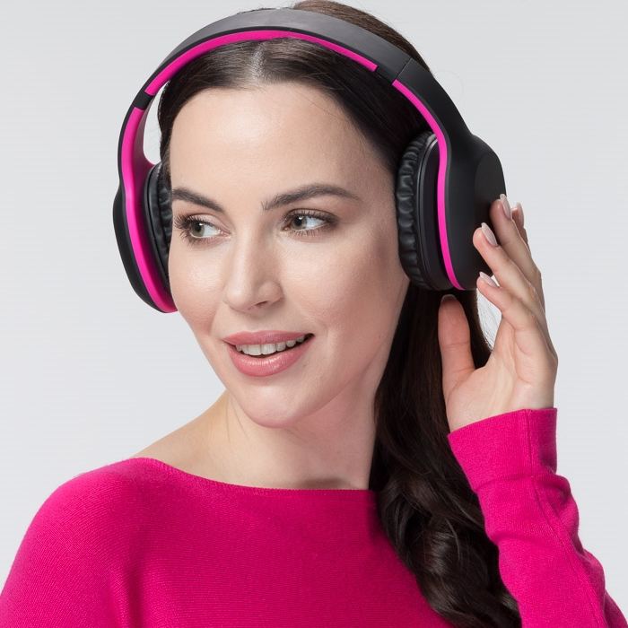 Company Branded Headphones Hi Colour pink worn on head