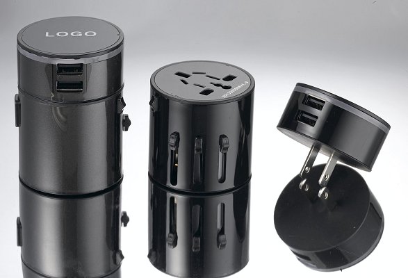 Logo Printed LED Travel Adaptor Available in black.