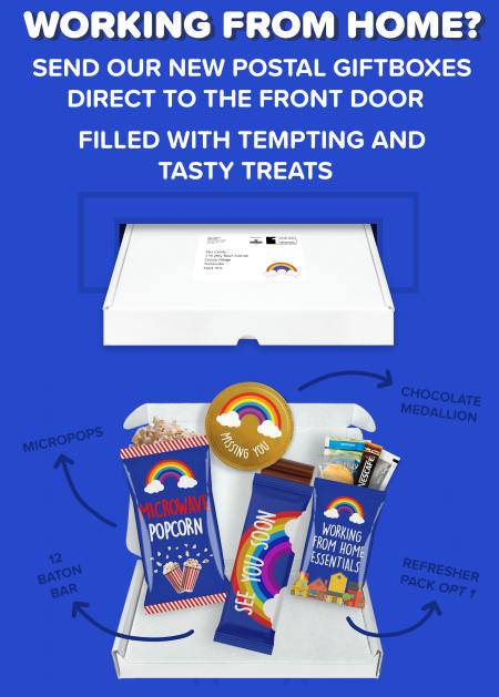 Working from home? Send our new postal giftboxes direct to the front door filled with tempting and tasty treats. Micropops, chocolate medallion, 12 baton bar, refresher pack opt 1