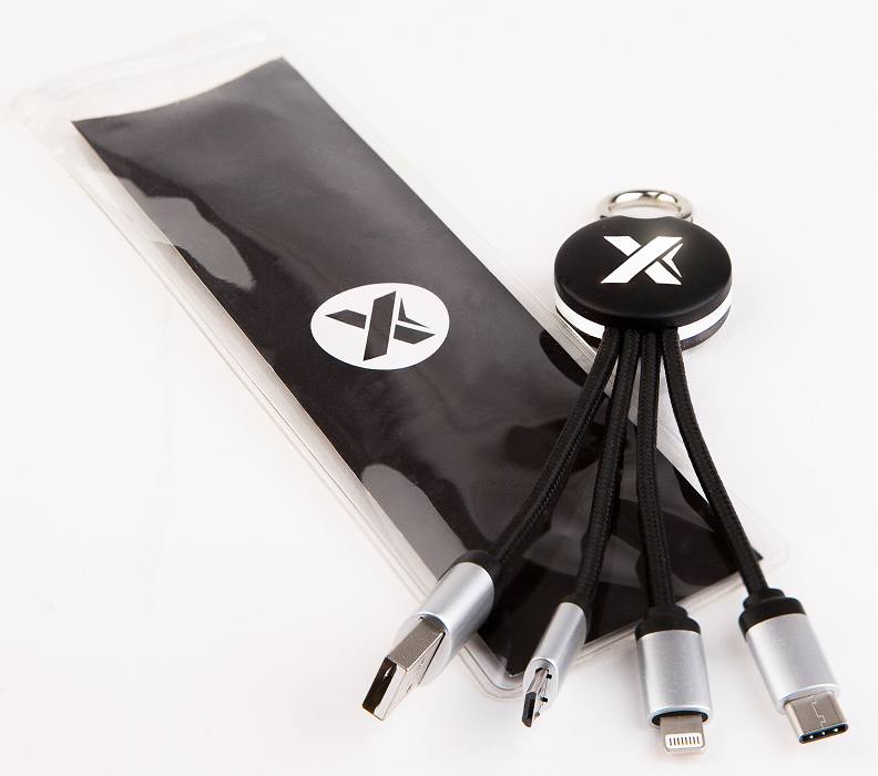 Light Up Logo & Ring 3 Way Charging Cable and plastic pouch packaging