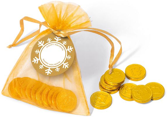 Logo Branded Organza Bag of Gold or Silver Coins with a Christmas Label with a blank tag before we print your logo 