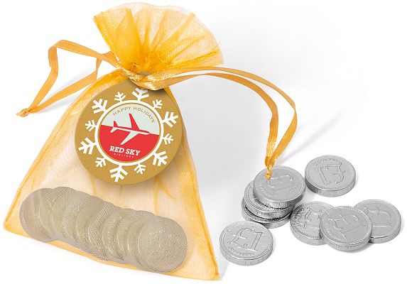 Logo Branded Organza Bag of Gold or Silver Coins with a Christmas Label with silver coins
