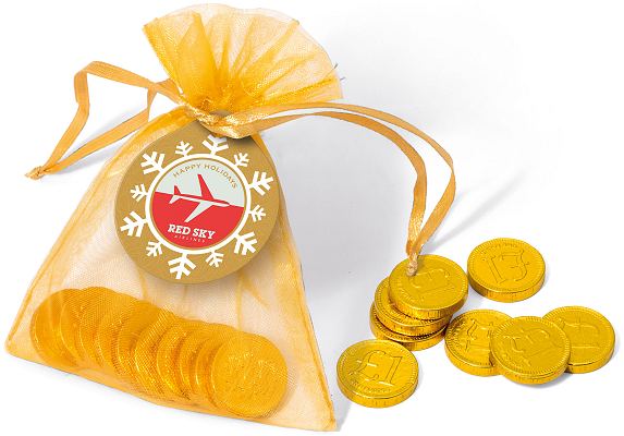 Logo Branded Organza Bag of Gold or Silver Coins with a Christmas Label