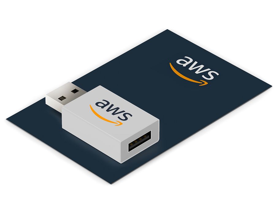 Data blocker on a backing card branded with AWS