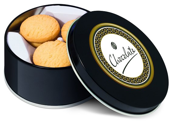 Logo Printed Black Treat Tin of All Butter Shortbread Biscuits