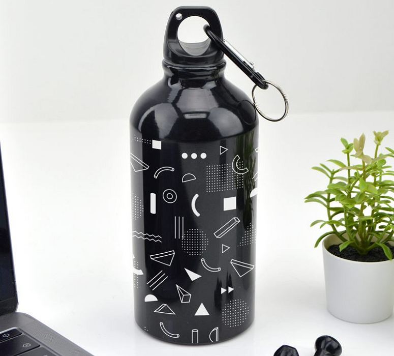 Black carabiner bottle with full wrap print