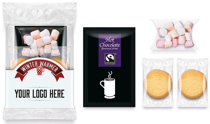 Filling of Printed Label Branded Snack Pack of Shortbread Hot Chocolate Marshmallows