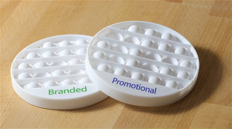 White pop fidgets with promotional branding
