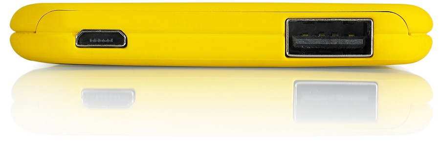 Slim 4000mAh Power Bank yellow close up showing USB connectors