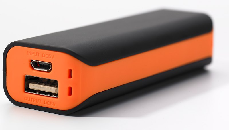 Power Bank Trio 2600mAh Orange close up showing USB connectors
