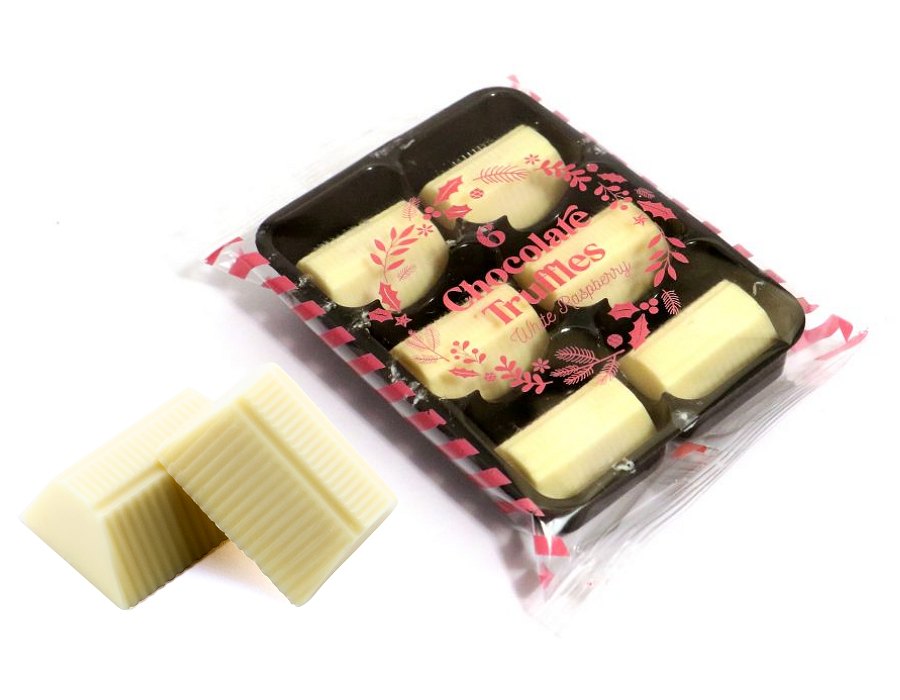 White Raspberry Chocolate Truffles in a Flow Wrapped Tray