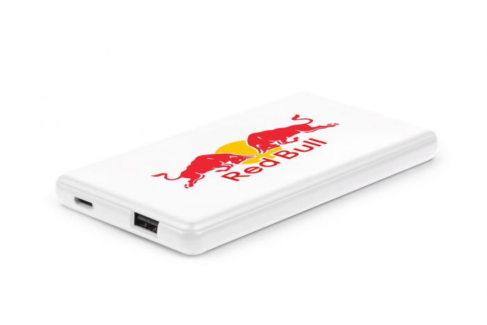 A white power bank with Red Bull logo
