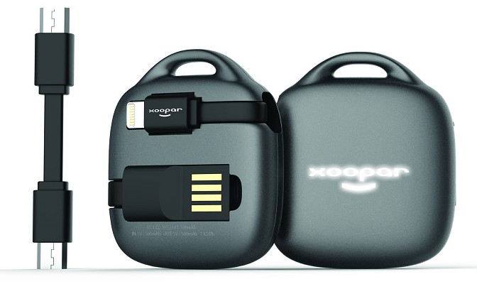 Xoopar Hug Booster with Illuminated Logo showing the charging cable stowed